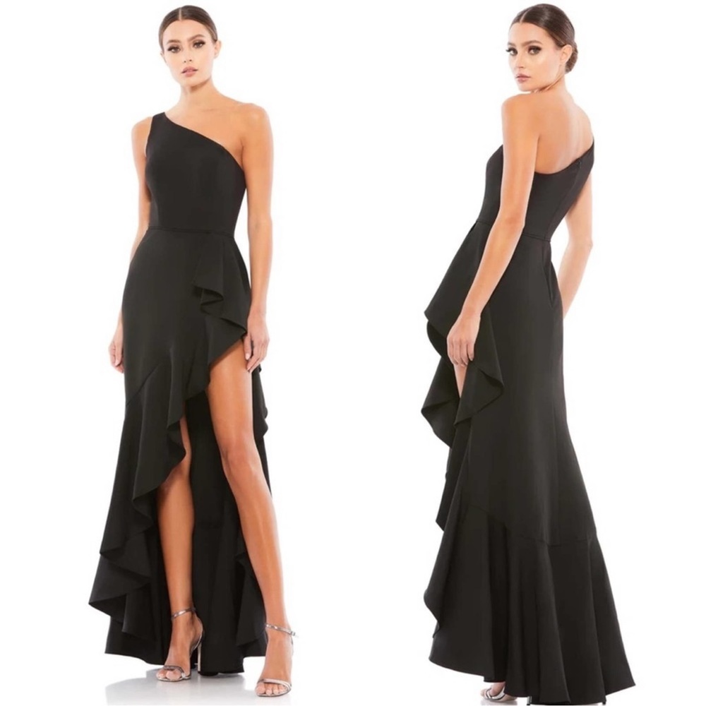 MAC DUGGAL Black One Shoulder High Slit Ruffle Gown